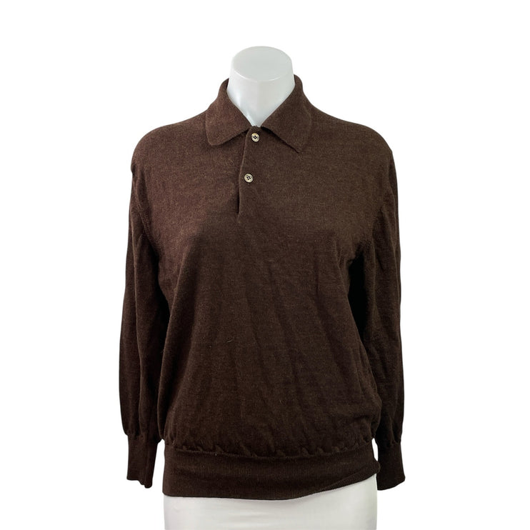 Barneys New York 100% Merino Wool Brown Knit Long Sleeve Polo Sweater Top Size M