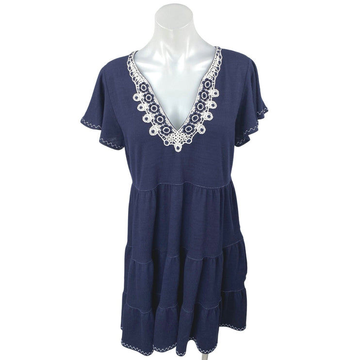 Max Studio Navy Blue Floral Embroidered Short Sleeve Tiered Mini Dress Size M
