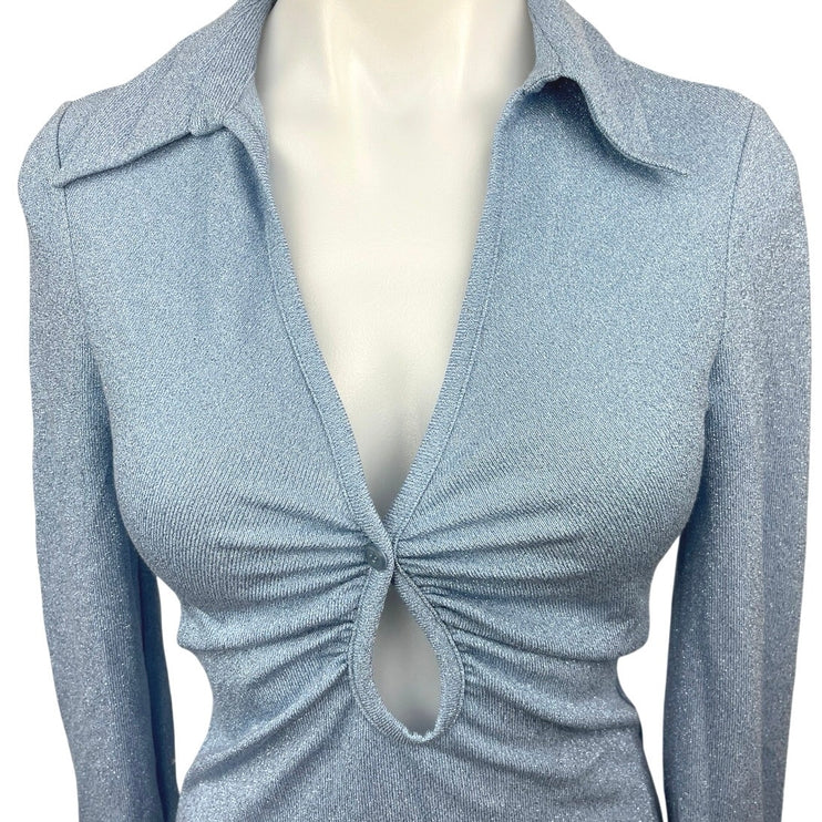 Zara Blue Metallic Ruched Keyhole V-neck Collar Long Sleeve Blouse Top Size XS