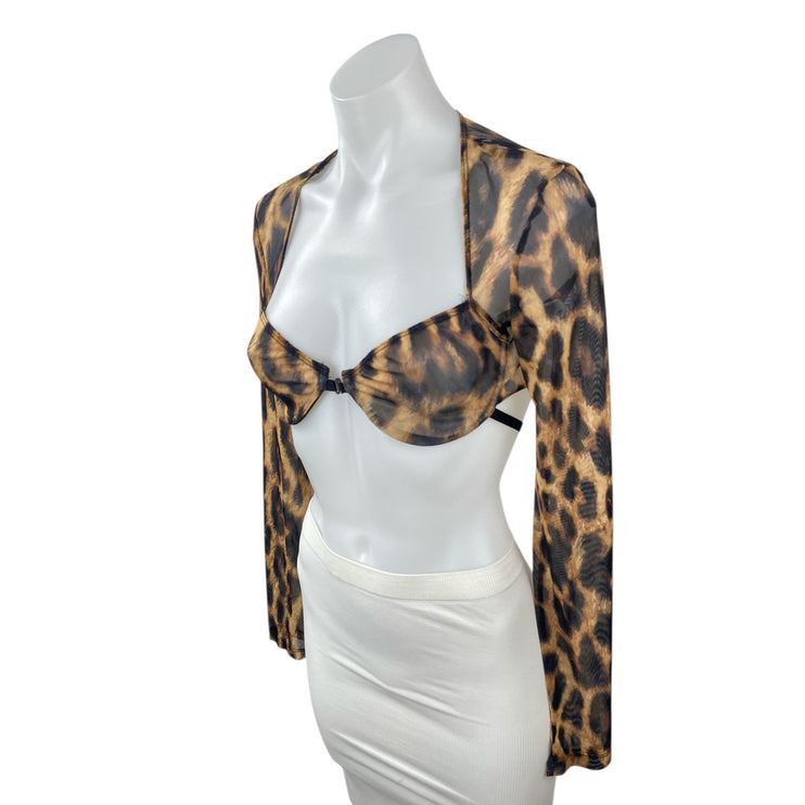 Edikted Women's Leopard Print Mesh Sheer Long Sleeve Bolero Shrug Bra Top Size M