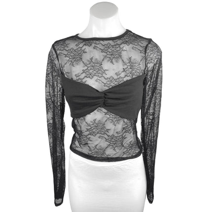 Women's Black Floral Lace Long Sleeve Sheer See Trough Crop BlouseTop Size S