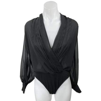 Express Black Chiffon Faux Wrap Balloon Long Sleeve Sheer Blouse Bodysuit Top L