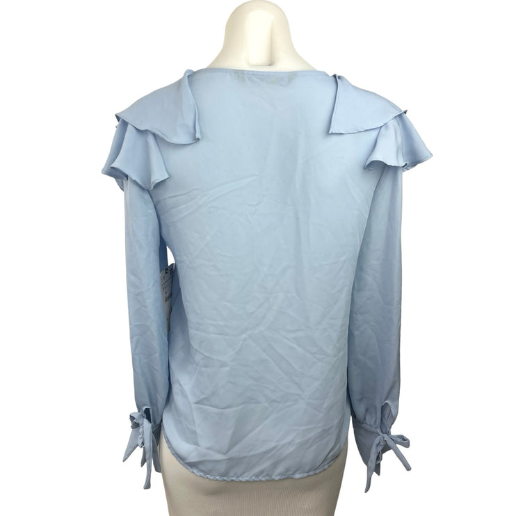 Zara NWT Women Blue V-Neck Pleated Cuff Long Sleeve Ruffle Flowy Blouse Top XS