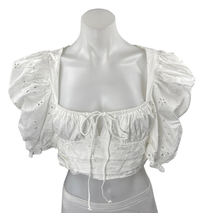NEW Zara Women's White Eyelet Embroidered Short Puff Sleeve Crop Blouse Top Sz S