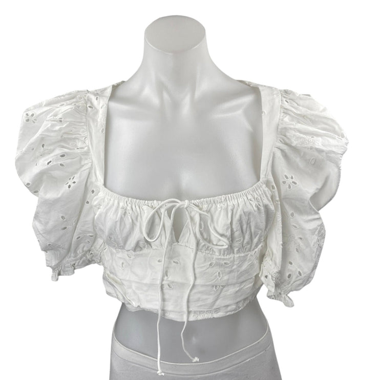 NEW Zara Women's White Eyelet Embroidered Short Puff Sleeve Crop Blouse Top Sz S