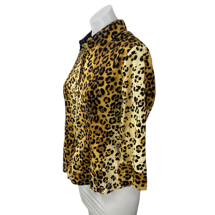 Jones New York Women's Beige Leopard Animal Print Button Down Shirt Top Size M