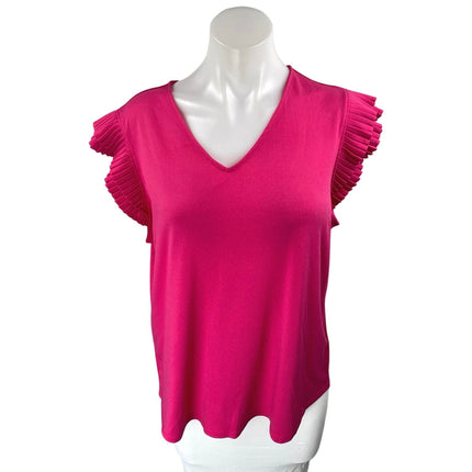 Adrianna Papell Women's Pink Ruffle Sleeve V Neck Knit Pullover Blouse Top Sz L