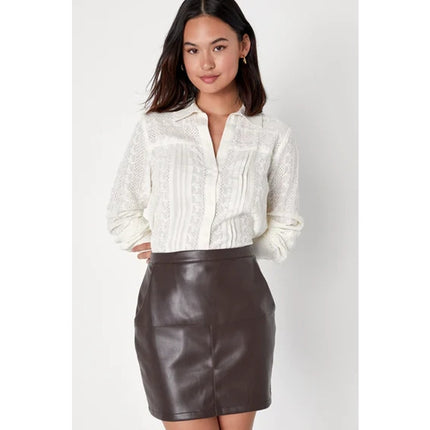 Lulus Edgy Expression Dark Brown Faux Leather Vegan Pencil Mini Skirt Size M