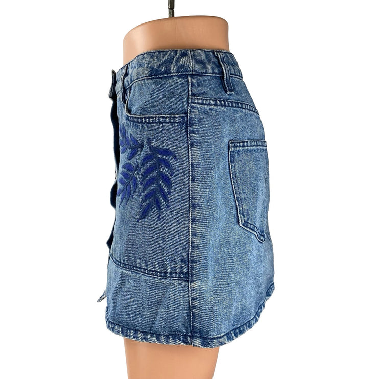 Rebecca Minkoff Blue Embroidered Leaf High Waist Button Fly Denim Jean Skirt 26