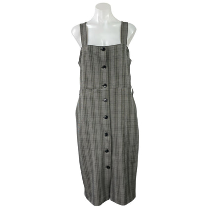 E Hyphen World Gallery Gray Plaid Sleeveless Button Up Overalls Midi Dress Sz M