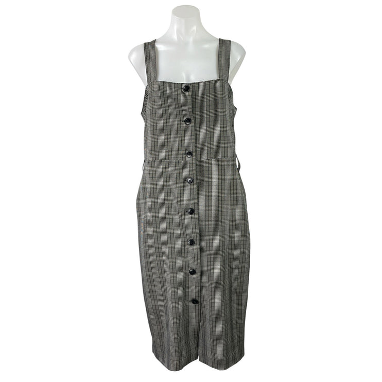 E Hyphen World Gallery Gray Plaid Sleeveless Button Up Overalls Midi Dress Sz M