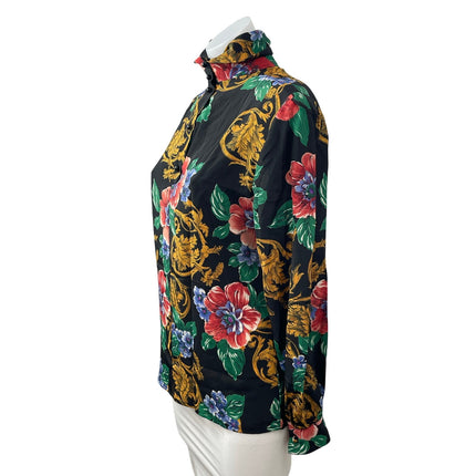 Tess Women's Black Multicolor Floral Long Sleeve Henley Button Blouse Top Size 4