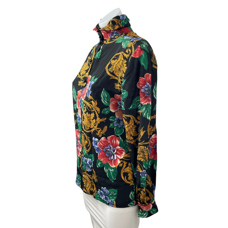 Tess Women's Black Multicolor Floral Long Sleeve Henley Button Blouse Top Size 4