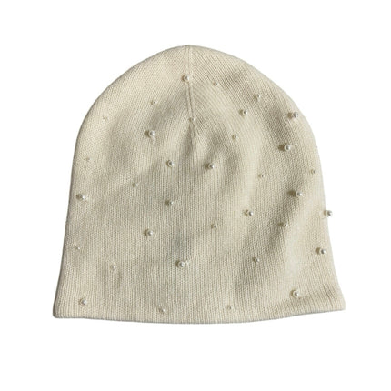 The Cashmere Project Cream 100% Cashmere Knit Beaded Pearl Bonnet Beanie OS