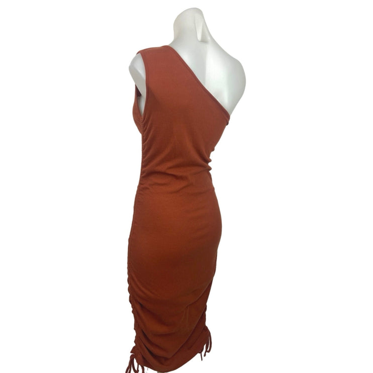 Shein Brown Ribbed Knit One Shoulder Sleeveless Mini Ruched Bodycon Dress Size L