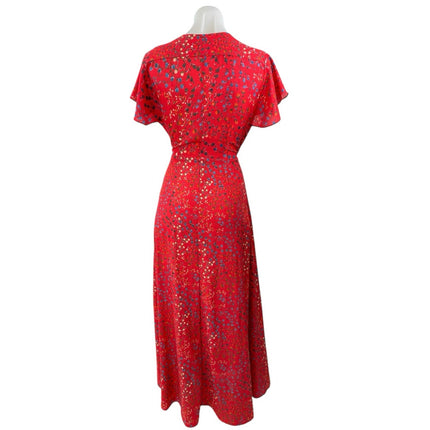French Connection Red Floral Short Sleeve V Neck Tie Waist A Line Maxi Dress XXS