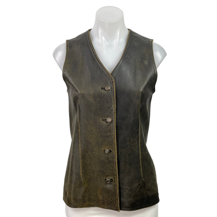 GAP Women's Brown Sleeveless 100% Leather V-neck Button Down Vest Top Size XS