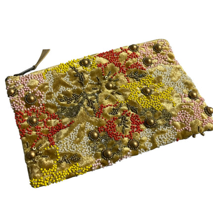 Women's Multicolor Floral Beaded Studded Linen Phone Purse Clutch Handbag OS