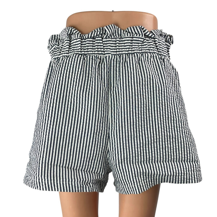 Zara Women's Black White Stripes High Rise Tie Belt Mini Paperbag Shorts Size L