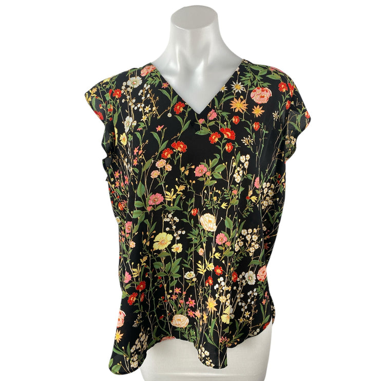 Ann Taylor LOFT Black Floral Cottagecore Ruffle Sleeve V Neck Blouse Top Size L