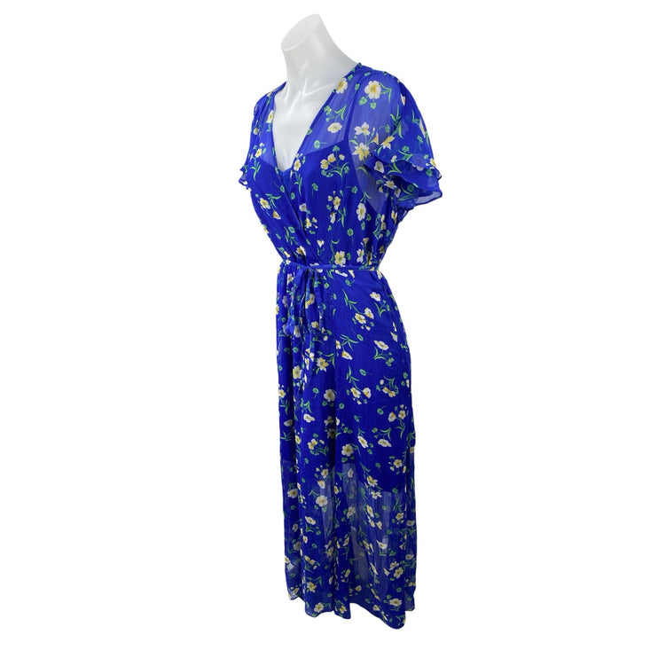 French Connection Jasmine Blue Floral V Neck Wrap Midi Tea A Line Dress Size XL