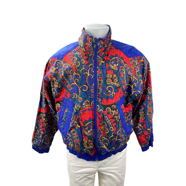 Vintage Sports Accent Blue Floral Geometric Full Zip Windbreaker Jacket Size S