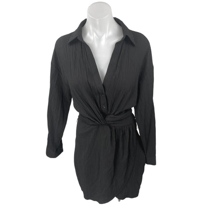 Zara Women's Black Long Sleeve V Neck Twist Front Wrap Mini Shirt Dress Size XS