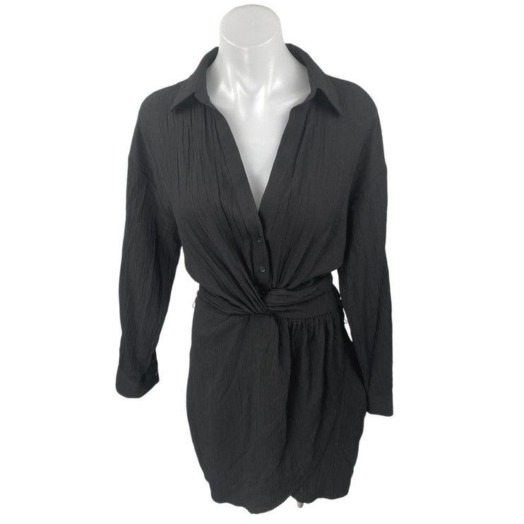 Zara Women's Black Long Sleeve V Neck Twist Front Wrap Mini Shirt Dress Size XS