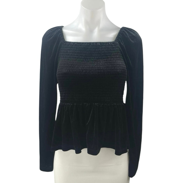 Gap Women's Black Long Sleeve Smocked Square Neck Peplum Blouse Top Size M