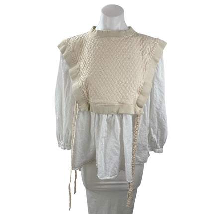Zara Women Beige White Knit Layered Long Sleeve Peasant Shirt Blouse Top Size XS