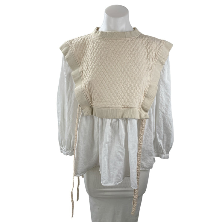 Zara Women Beige White Knit Layered Long Sleeve Peasant Shirt Blouse Top Size XS