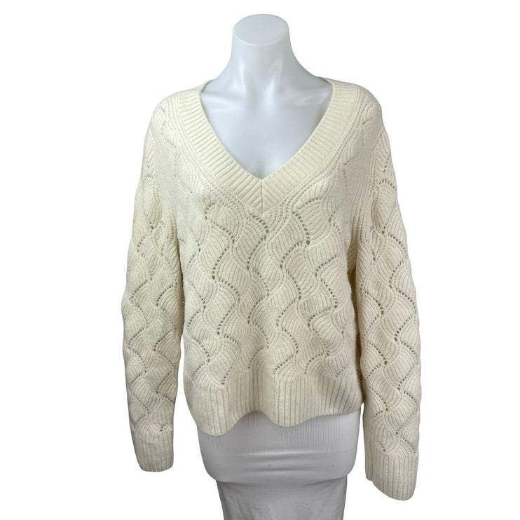 Gap Women's Cream Wool Open Knit Long Sleeve V Neck Loose Sweater Top Size L