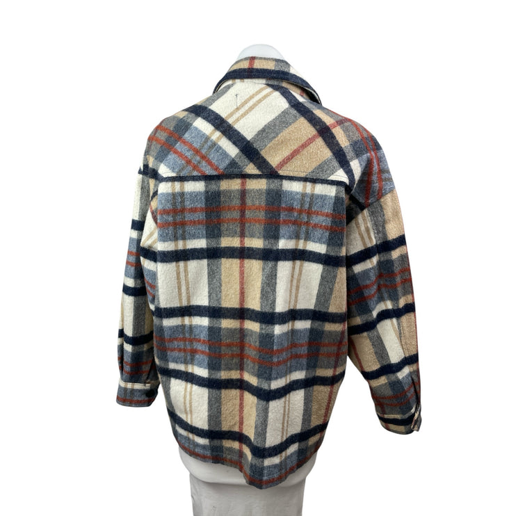 Zara Brown Wool Plaid Check Collared Long Sleeve Button Down Shirt Coat Jacket S