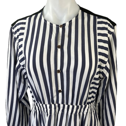 NEW Argent Black White Striped Button Long Sleeve Midi Maxi A-Line Dress Size S