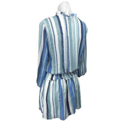Pinch Blue Striped Long Sleeve Ruffle Tie Neck Smocked Blouson Mini Dress Size S