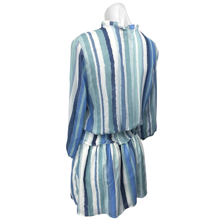 Pinch Blue Striped Long Sleeve Ruffle Tie Neck Smocked Blouson Mini Dress Size S