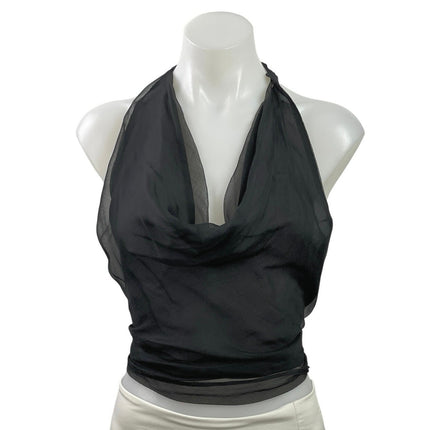 NEW Dana Foley NYC Black 100% Silk Halter Cowl Neck Open Back Tie Crop Top Sz S