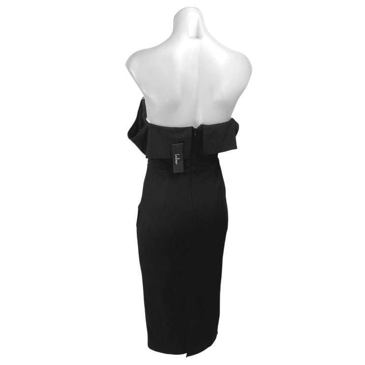 NEW Lulus Black Off The Shoulder V-neck Strapless Midi Bodycon Shealh Dress Sz S