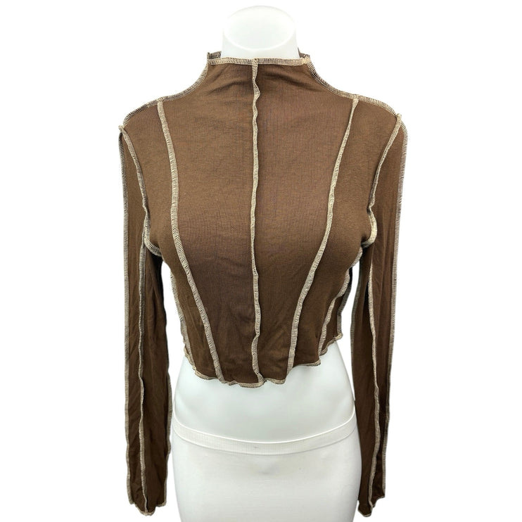 12th Tribe Avalon Brown Ribbed Stitched Seamed Mock Neck Long Sleeve Crop Top L