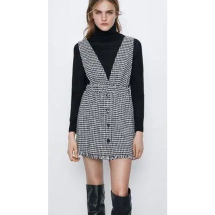 Zara Black White Tweed Button Front Sleeveless Pinafore Vest Mini Dress Size S