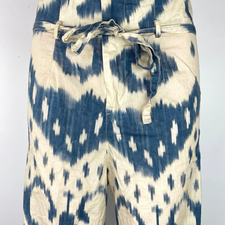 Zara White Blue Aztec Print High Waist Wide Leg Belted Tie Waist Trouser Pants M