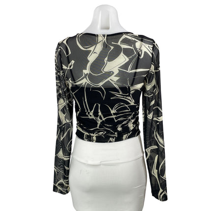 & Other Stories Women's Black Marble Mesh Long Sleeve Ruched Crop Top Size S
