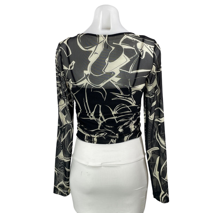 & Other Stories Women's Black Marble Mesh Long Sleeve Ruched Crop Top Size S