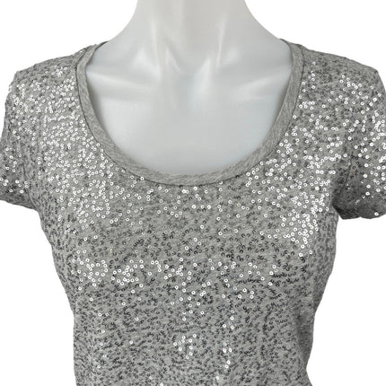 Calvin Klein Gray Silver Sequin Embellished Short Sleeve T Shirt Tee Top Size S