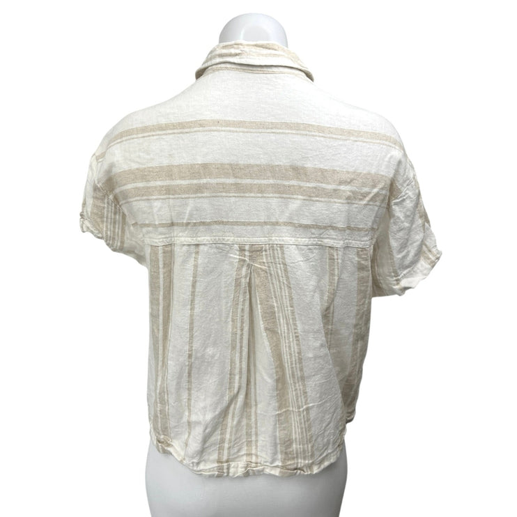 Madewell White Beige Linen Striped Pocket Cropped Button Down Shirt Top Size XS