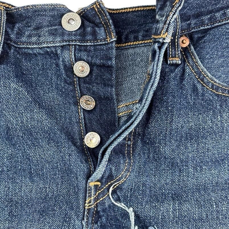 Levi’s 501 Blue Denim Distressed Cut-Off Raw Hem Button Fly Jean Shorts Size 27