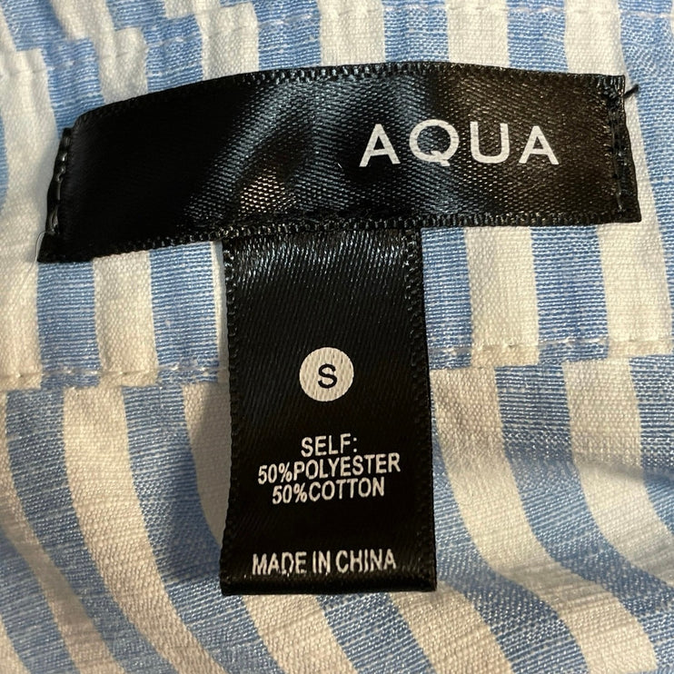 Aqua Blue Stripe Collared Short Sleeve Button Up Mini Flare A-Line Shirt Dress S