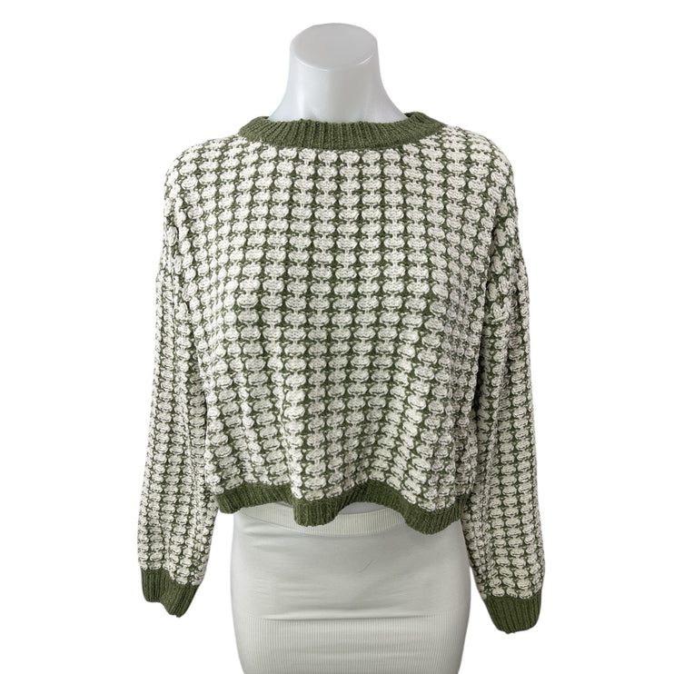 Pink Rose Green Floral Chenille Knit Long Sleeve Crew Neck Crop Sweater Top Sz M
