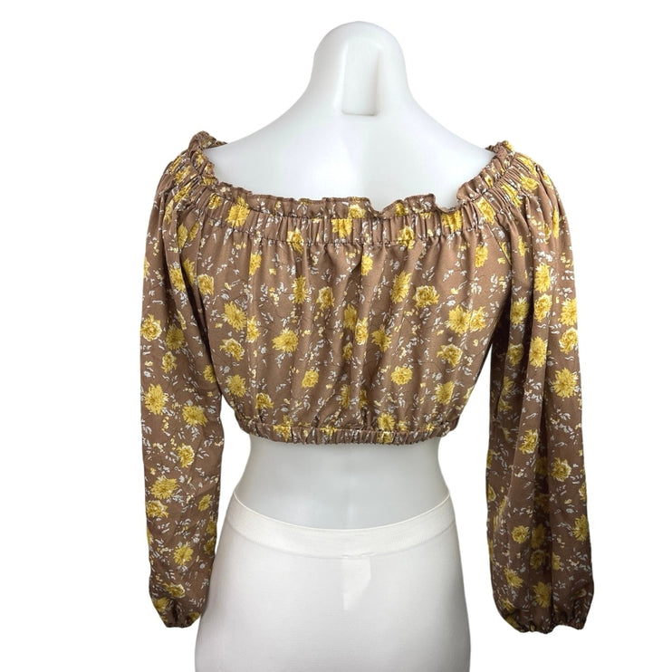 Altar'd State Brown Yellow Floral Off The Shoulder Long Sleeve Blouse Top Size S