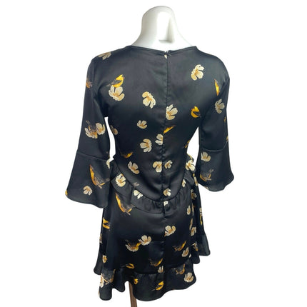 Zara Black Satin Floral Birds Print 3/4 Bell Sleeve Ruffle Mini A-Line Dress XS